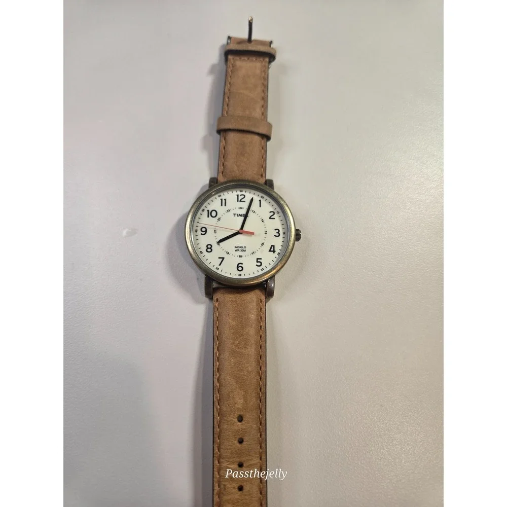 Timex T2P220 Weekender Mens 42mm White Dial Bronze Tone Leather Watch WR30M